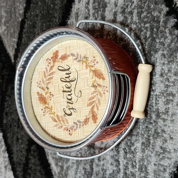 ORANGE METAL CORK COASTERS SET THANKFUL GRATEFUL BLESSED GATHER - Picture 10 of 14